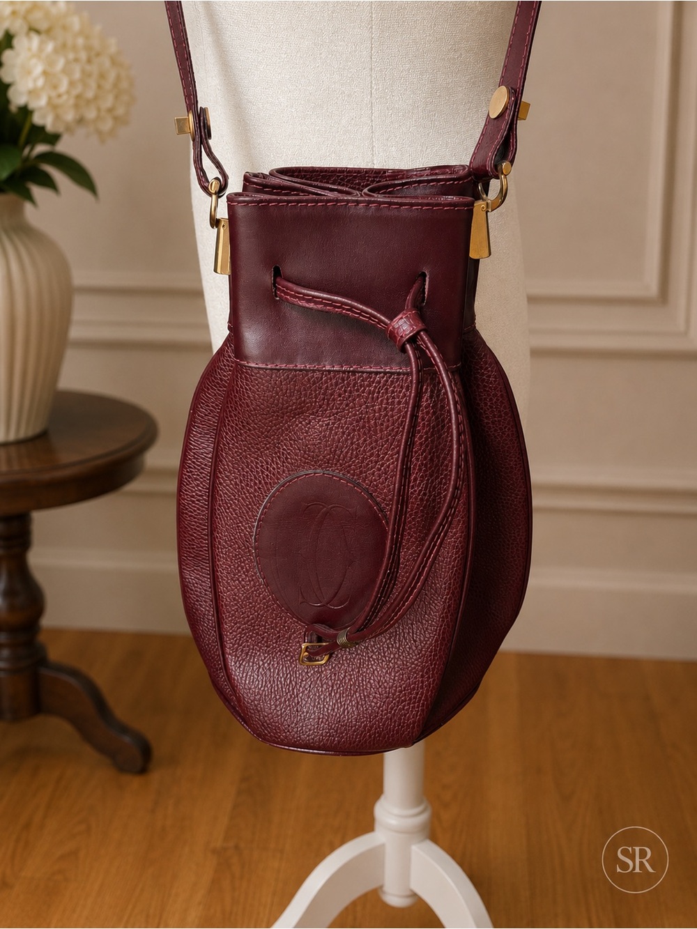 VTG Must de Cartier Sac Seau Bordeaux Leather Bucket Drawstring Shoulder Bag - Picture 5 of 13